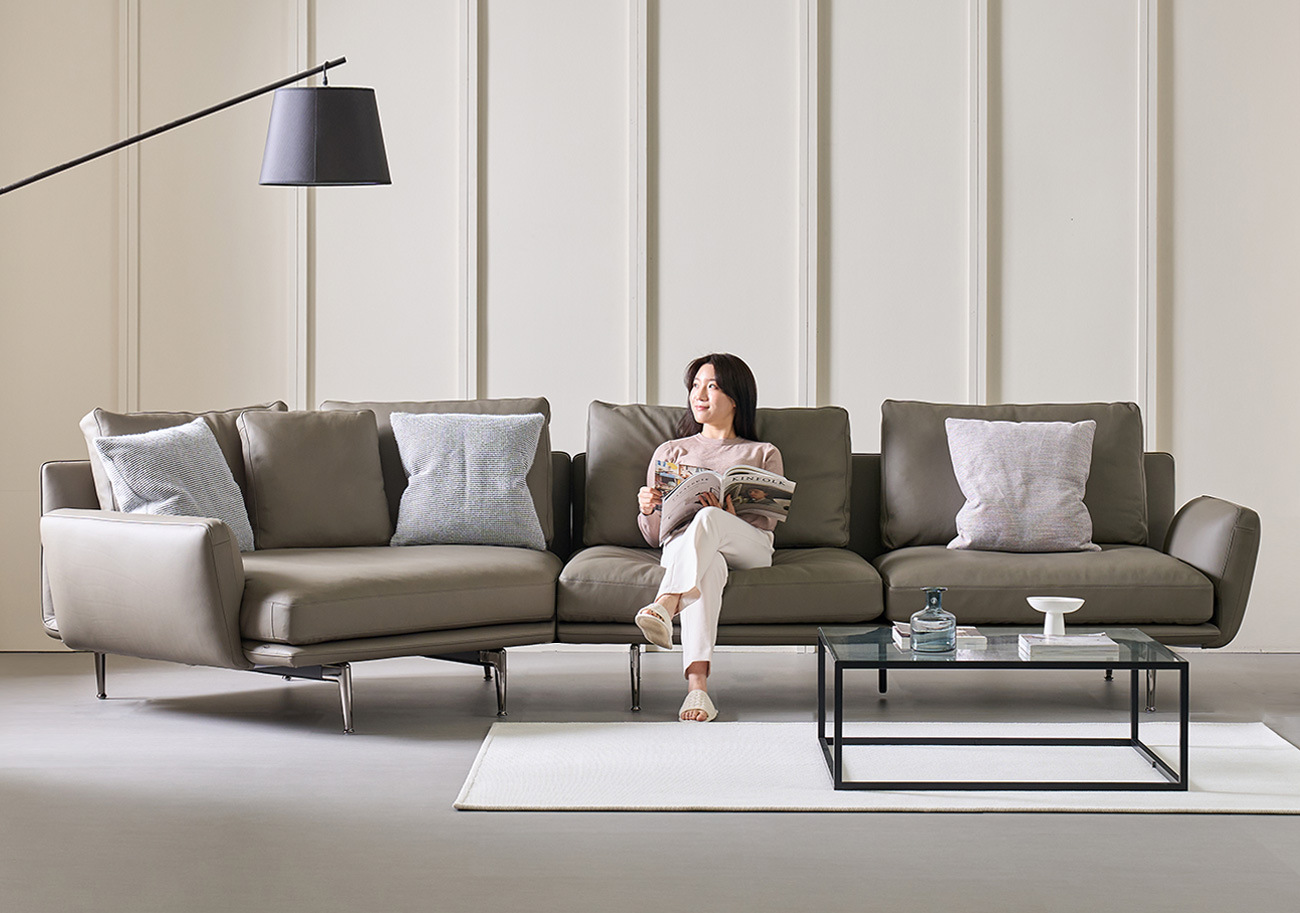 멜라 세미에닐린 소가죽 4인용 코너카우치형 명품 가구 소파